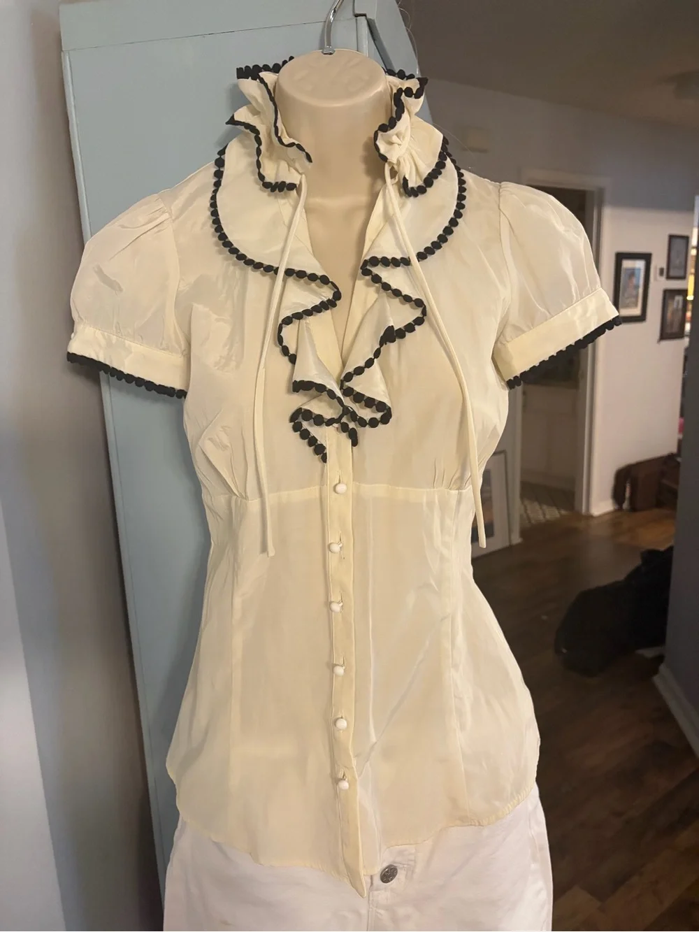Zara Cream Short-Sleeve Ruffle Blouse with Black Pom Trim - XS